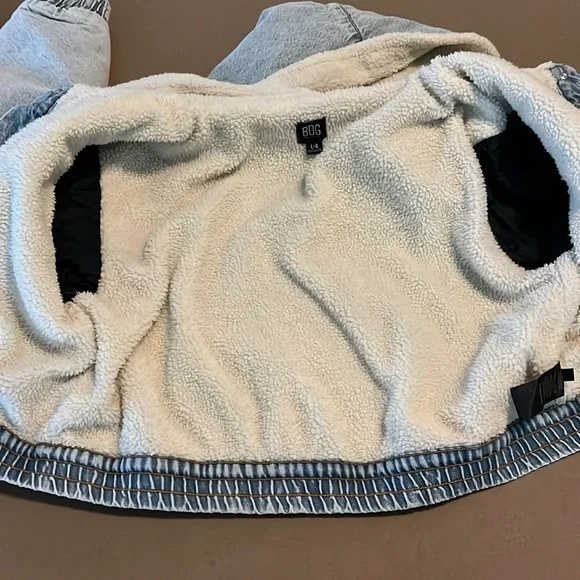 BDG Urban Outfitters Blake Denim Hooded Bomber Jacket Soft Sherpa Lining- Large - Picture 14 of 14